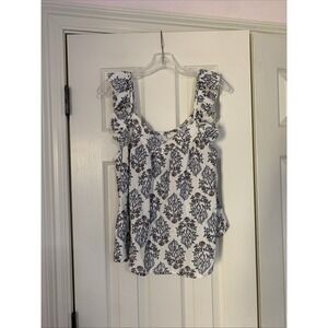 Rachel Zoe Womens Large Blue Floral Ruffle Strap Boho Scoop Neck Blouse White